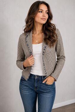 Doncaster Silk Tweed Blazer Fringe Trim Open Front Tan Cream Black Size 4 Jacket